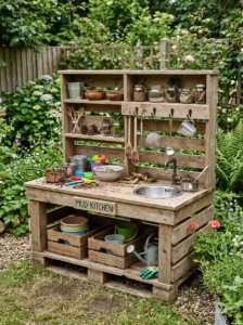 Portable chalkboard serving tray for imaginative mud kitchen play.