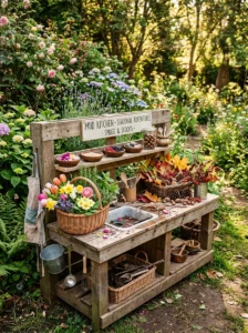 Mud kitchen updated with seasonal natural play materials.