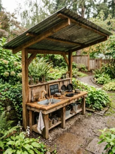 Mud kitchen with a wooden bench for seated outdoor play.