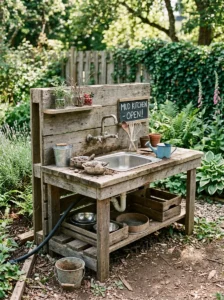DIY mud kitchen with a real stainless steel sink basin for water play.
