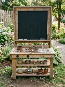 Mud kitchen featuring a chalkboard menu board for imaginative play.