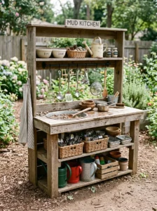 DIY mud kitchen with organized shelves and hanging utensil storage.