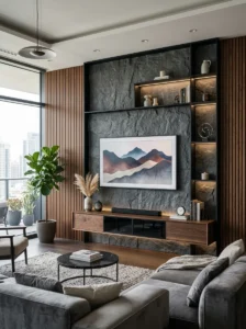 Mixed-material TV wall with wood and stone.