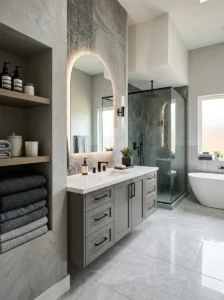 Layered gray tones creating depth in a bathroom.