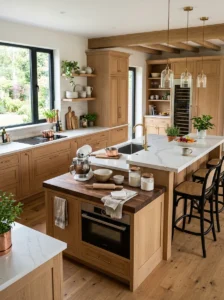 Kitchen with multi-level countertops for different tasks.