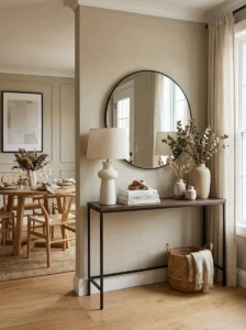 Console table decorating a dining room wall.