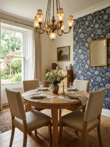 Wallpaper creating a bold dining room statement.