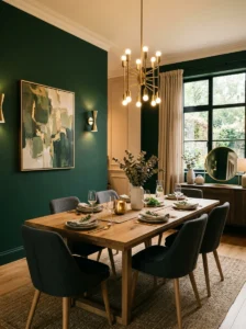 Dining room with dramatic dark accent wall.