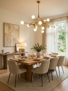 Dining room with a statement brass chandelier.