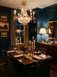 Layered lighting creating a cozy dining room.