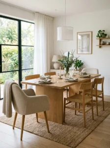 Dining room featuring mixed chair styles.