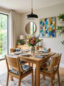 Neutral dining room with colorful decorative accents.