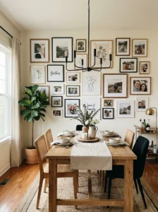 Large rug anchoring a dining room table.