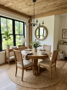 Large rug anchoring a dining room table.