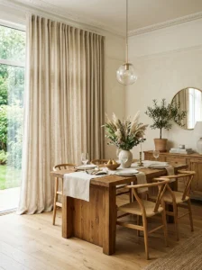 Dining room with soft linen curtains.