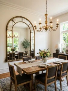 Large mirror making a dining room feel brighter.