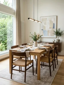 Dining table matched to the room proportions.