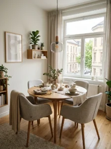 Round dining table in a compact dining room.