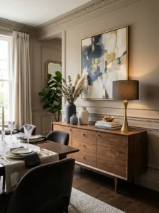 Dining room sideboard with decorative styling.
