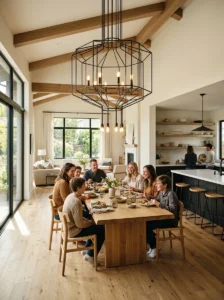 Open dining area anchored by a large statement chandelier.