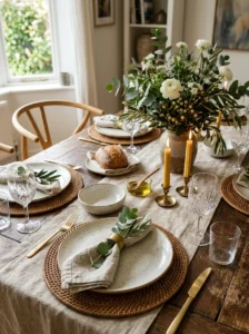 Dining table with woven placemats and linen runner.