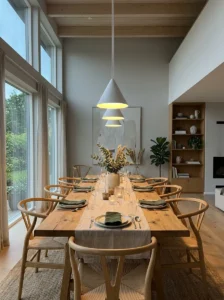 Multiple pendant lights above a dining table.