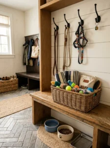 Dedicated pet storage station inside a mudroom.