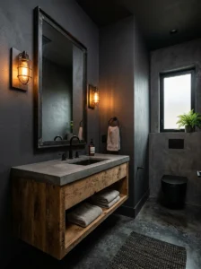 Moody industrial bathroom with charcoal walls and warm reclaimed wood accents.