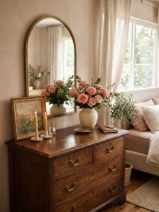 Fresh flowers decorating a romantic bedroom dresser.