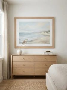 Minimal bedroom wall featuring one large muted coastal landscape artwork.