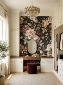 Dressing room with bold floral wallpaper balanced by simple neutral cabinetry and decor.