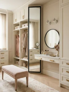 Dressing room combining brass hardware, a black mirror frame and subtle chrome lighting accents.