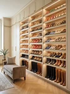Dressing room styled in a cohesive palette of soft blush, warm ivory and gold.