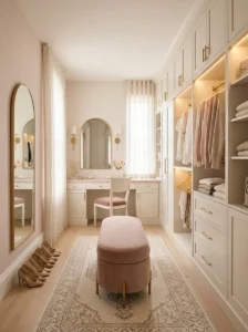 Dressing room jewelry organizer displaying necklaces, bracelets and rings beside the vanity.