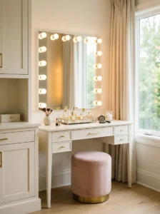Dressing room vanity with a warmly illuminated makeup mirror, stool and organized beauty storage