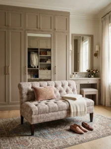 Dressing room with a comfortable upholstered bench for sitting while getting ready.