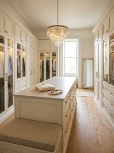 Dressing room storage island with drawers, stone top and space for folding and planning outfits.