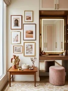 Personalized dressing room decorated with framed travel photos, artwork and meaningful objects.