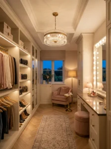 Dressing room using chandelier, vanity, cabinet and floor lighting for a layered lighting scheme.