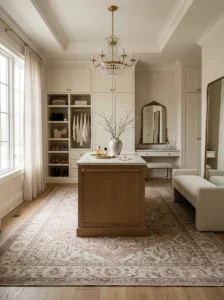 Luxe dressing room grounded by a large patterned rug beneath a central storage island.