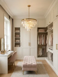 Luxe dressing room featuring a statement chandelier above elegant built-in wardrobes.