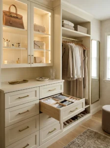 Dressing room with closed drawers for everyday items and curated glass-front display storage.