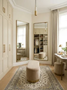 Dressing room with full-length mirrors on adjacent walls for viewing outfits from multiple angles.