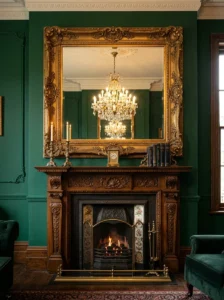 Victorian living room with an ornate gold gilt mirror above the fireplace.
