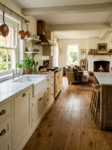 Luxury kitchen with warm natural stone tile flooring.