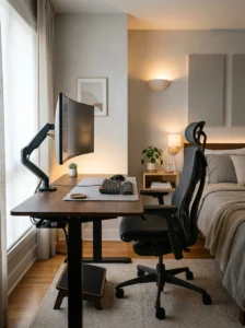 Ergonomic gamer bedroom with sit-stand desk, supportive chair, footrest and monitor bias lighting.