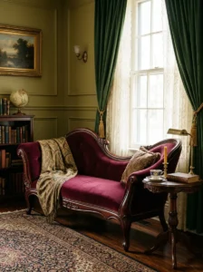 Victorian living room with a burgundy velvet fainting couch beside a tall window.