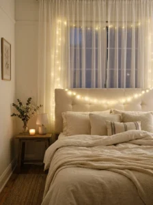 Warm fairy lights creating soft bedroom ambiance.