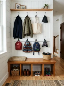 Wall hooks installed at multiple heights for kids and adults.