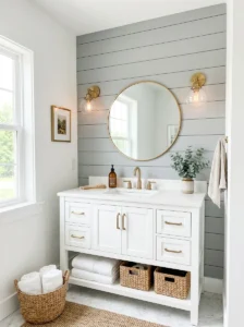 Gray shiplap accent wall in a stylish bathroom.